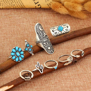 Indie Desert Arrow Turquoise Stone Ring Set