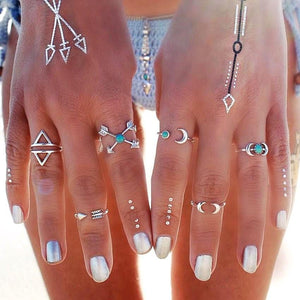 Crescent Lunar Arrow Turquoise Stone Ring Set