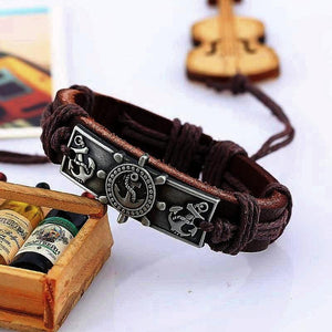Nautical Captain Ship Wheel & Anchor Leather  Bracelet
