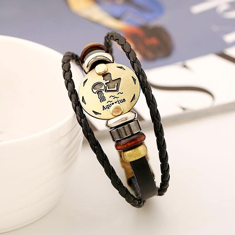 Celestial Hematite Zodiac Sign Leather Bracelet