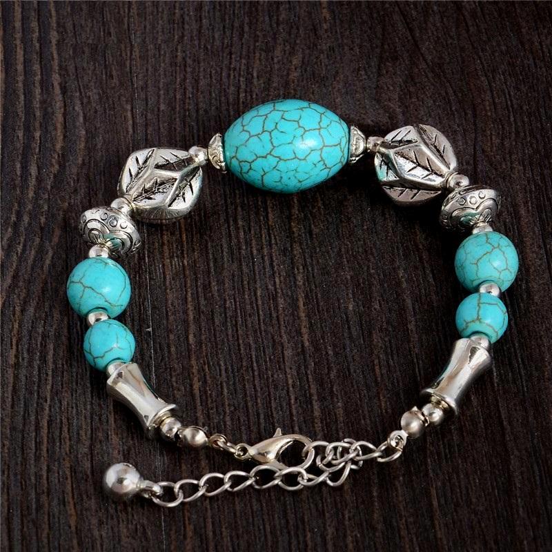 Leaf Bead Tibetan Silver Turquoise Bracelet