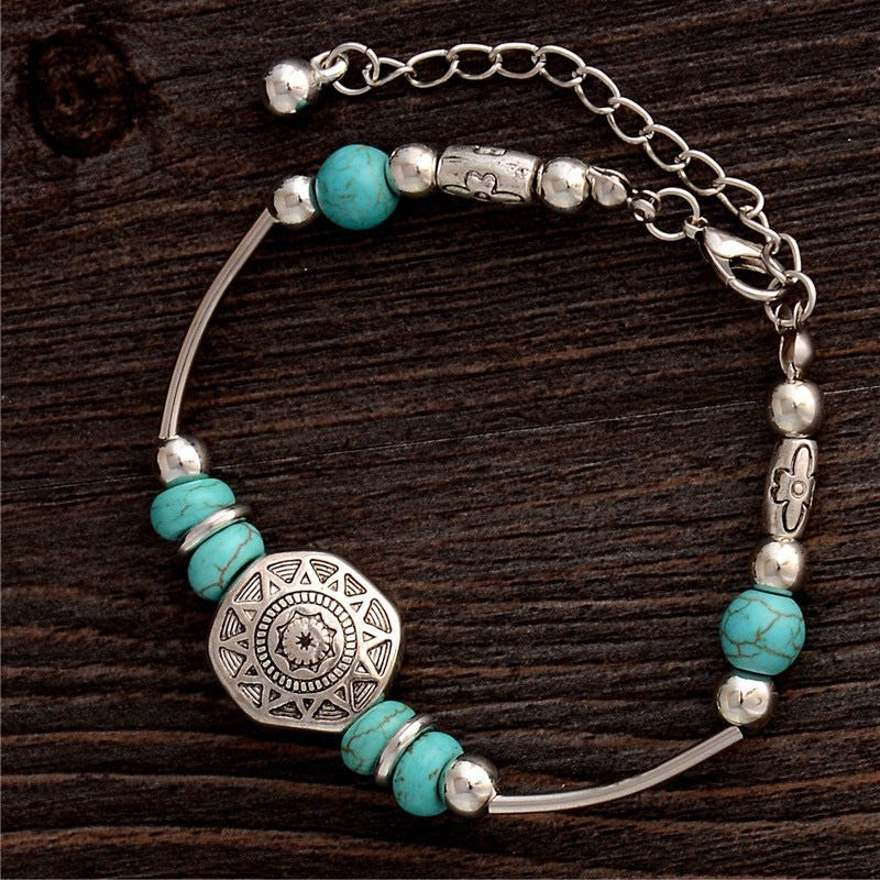 Sun Medallion Tibetan Silver Turquoise Bracelet