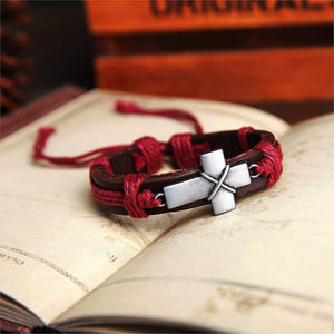 Silver Cross Leather Cuff Bracelet
