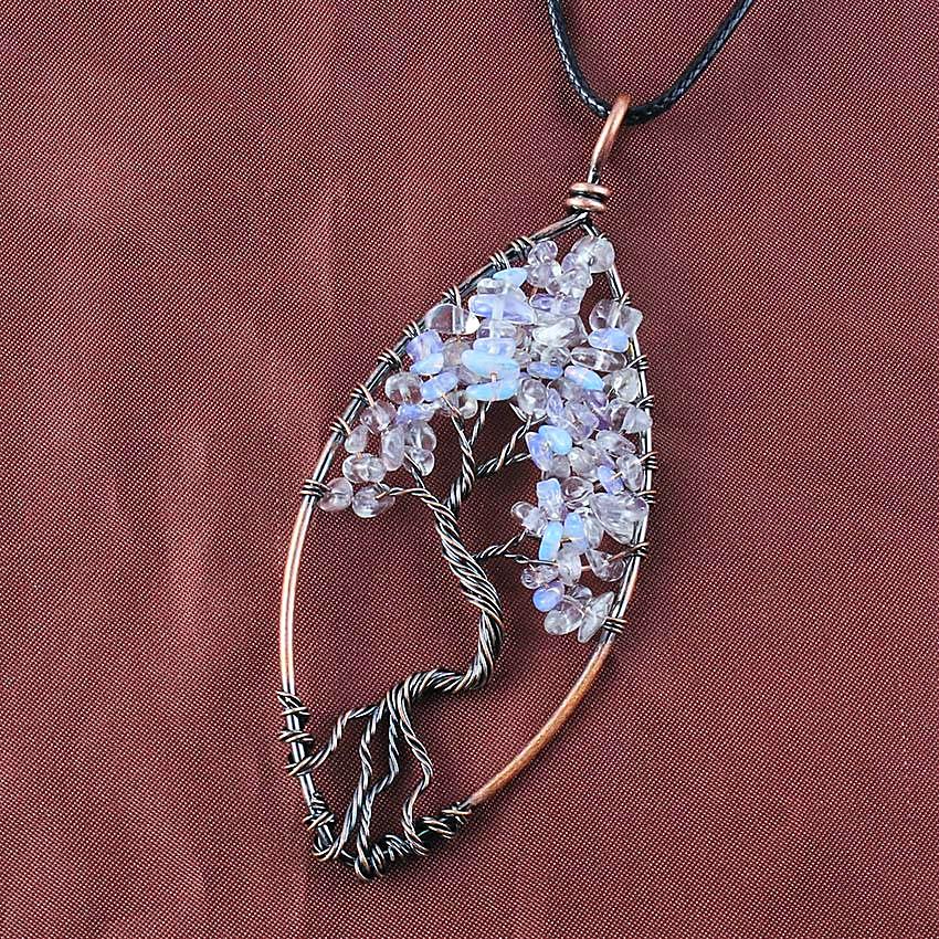 Opal Opalite Copper Tree of Life Healing Stone Pendant Necklace