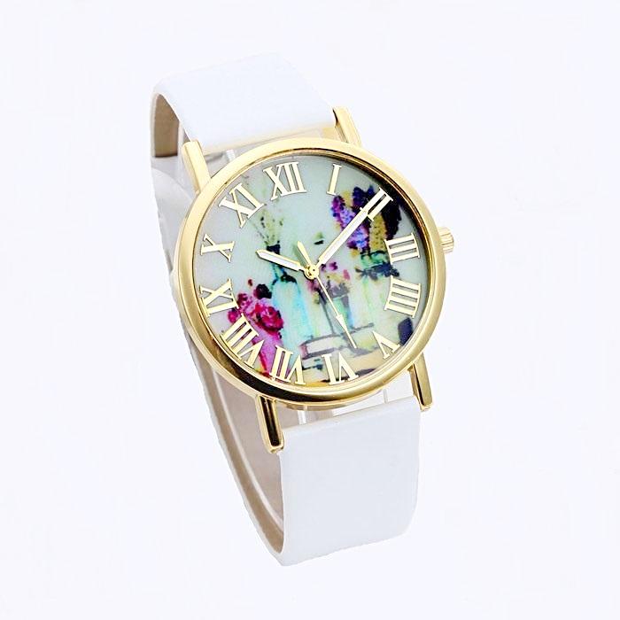 Floral White Leather Watch